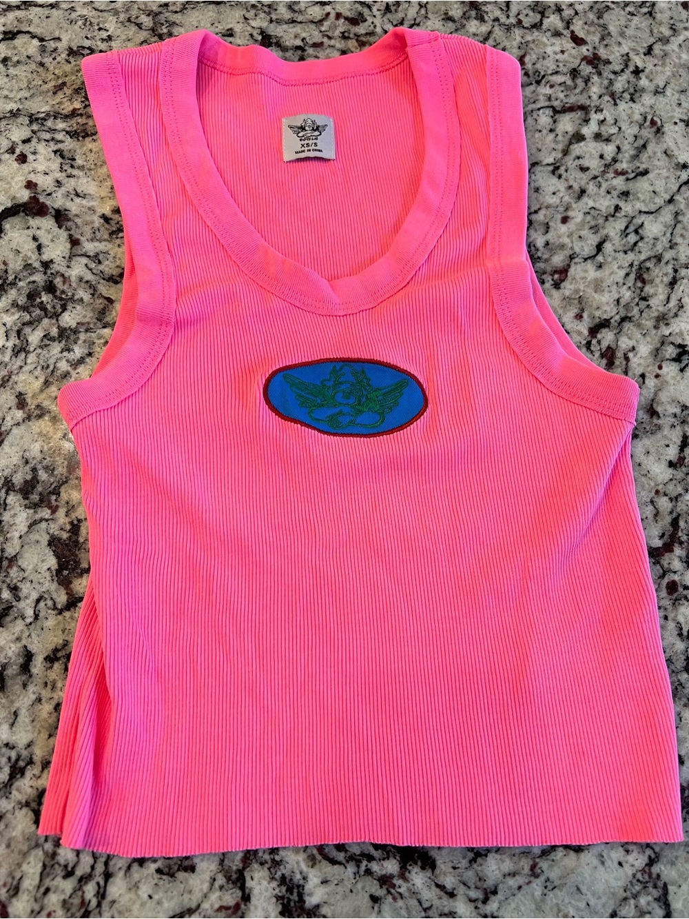 Boys Lie Neon Pink Ribbed Tank Top with Blue Patch